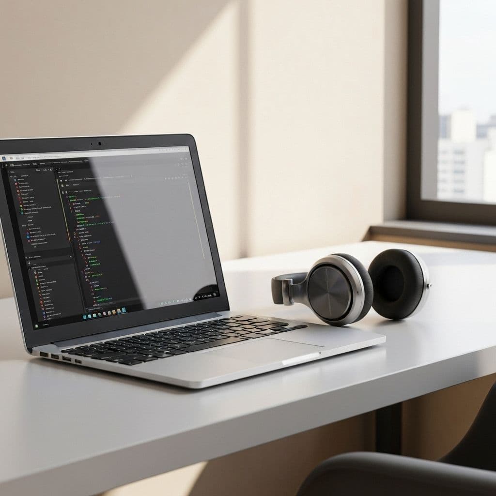 Laptop and headphones on a desk